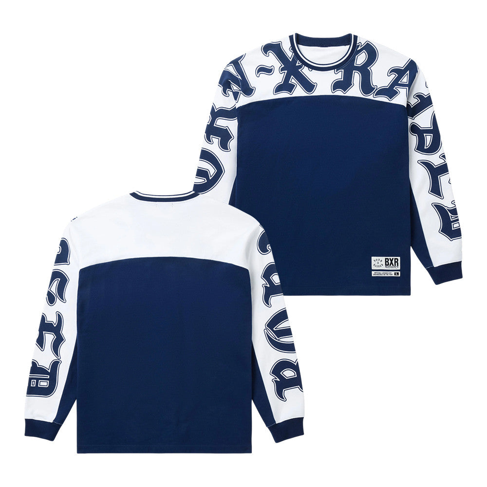 Born x Raised Merch Shoulder Arch Longsleeve Navy White T-Shirt Unique Gifts For Music Lovers - Foxy23shop