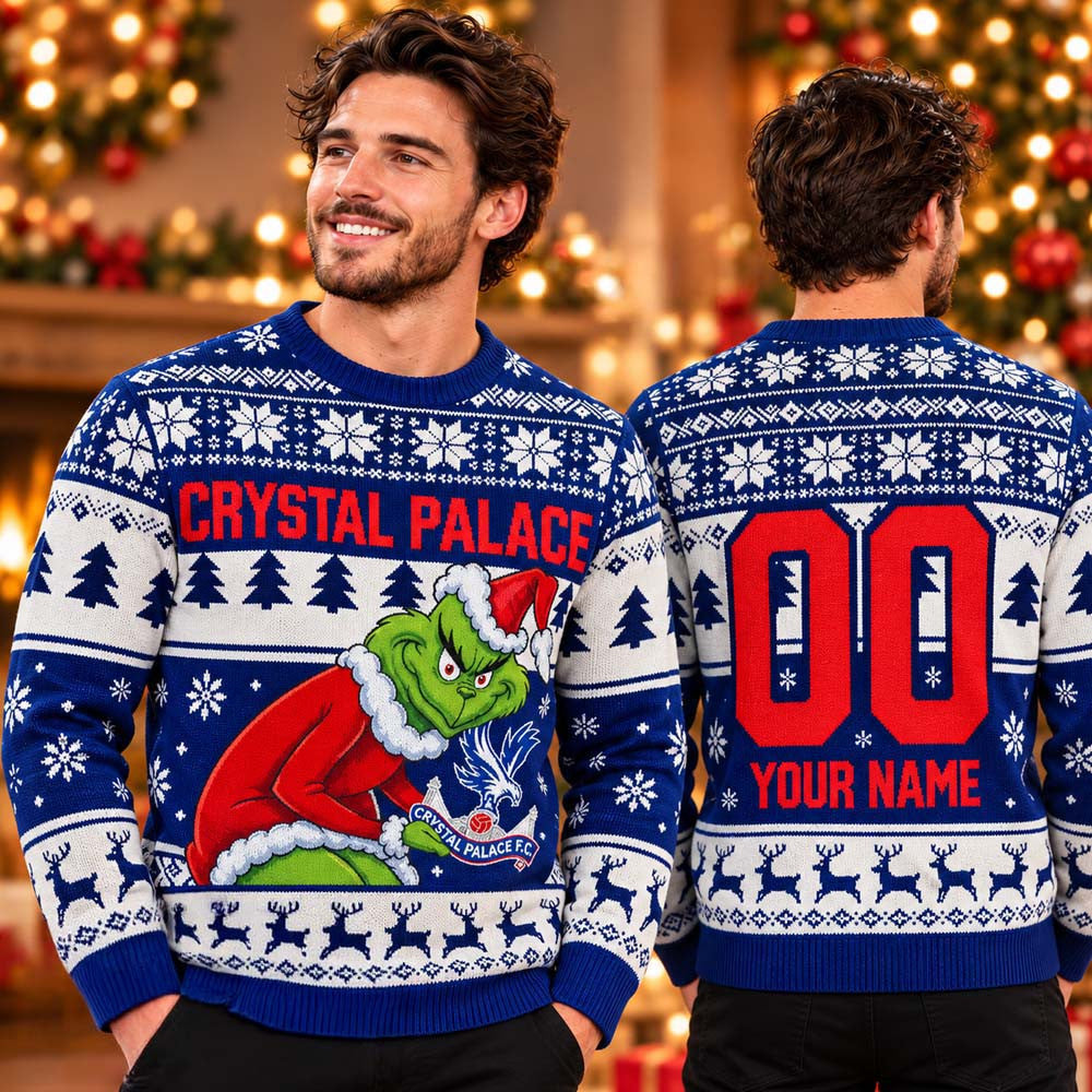 Personalized EPL Crystal Palace Grinch Ugly Sweater Crystal Palace Merch Fan Gear - Foxy23shop