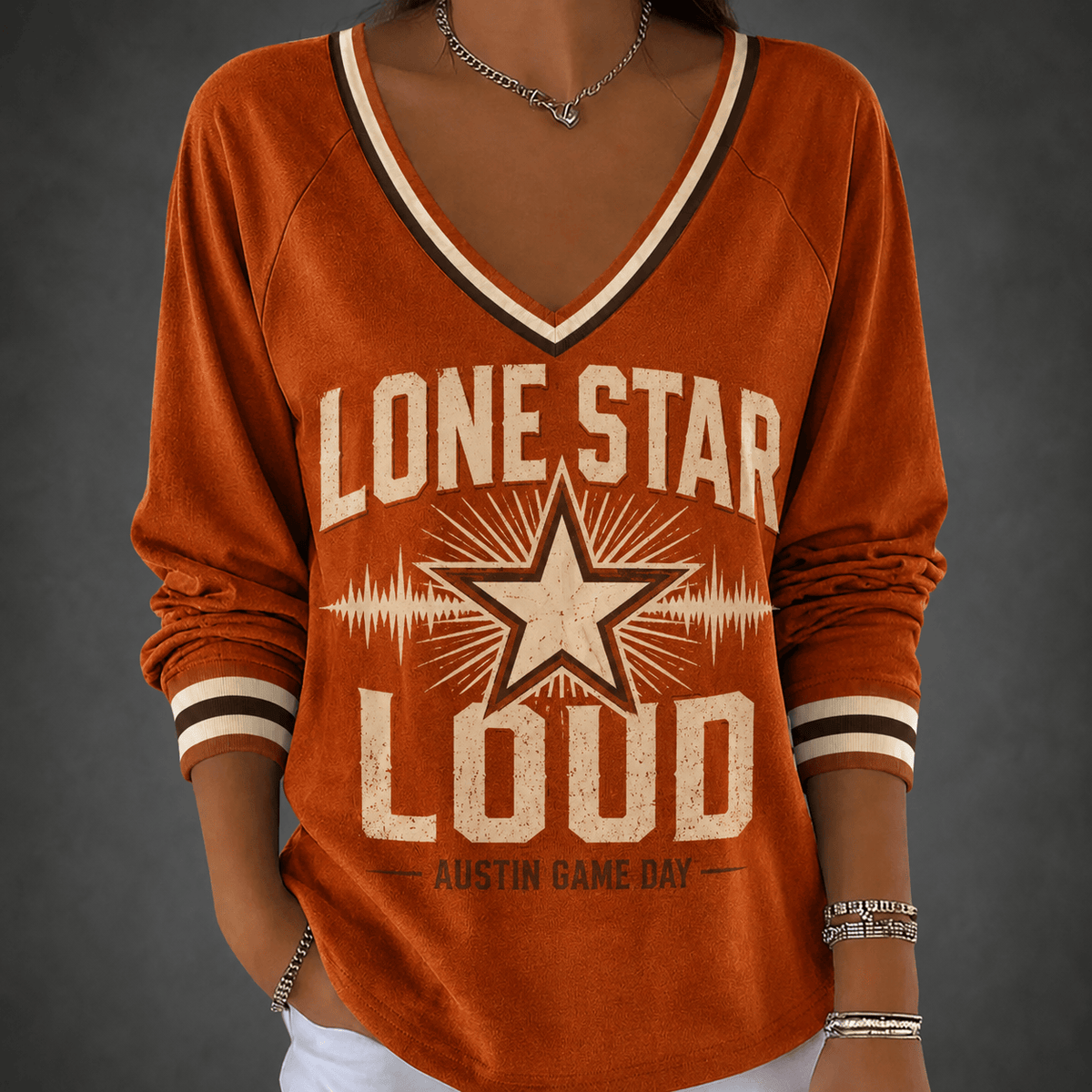 Texas Longhorns Merch 2026 NCAA Lone Star Loud V-Neck Long Sleeve Shirt Gift For Longhorns Nation - Foxy23shop