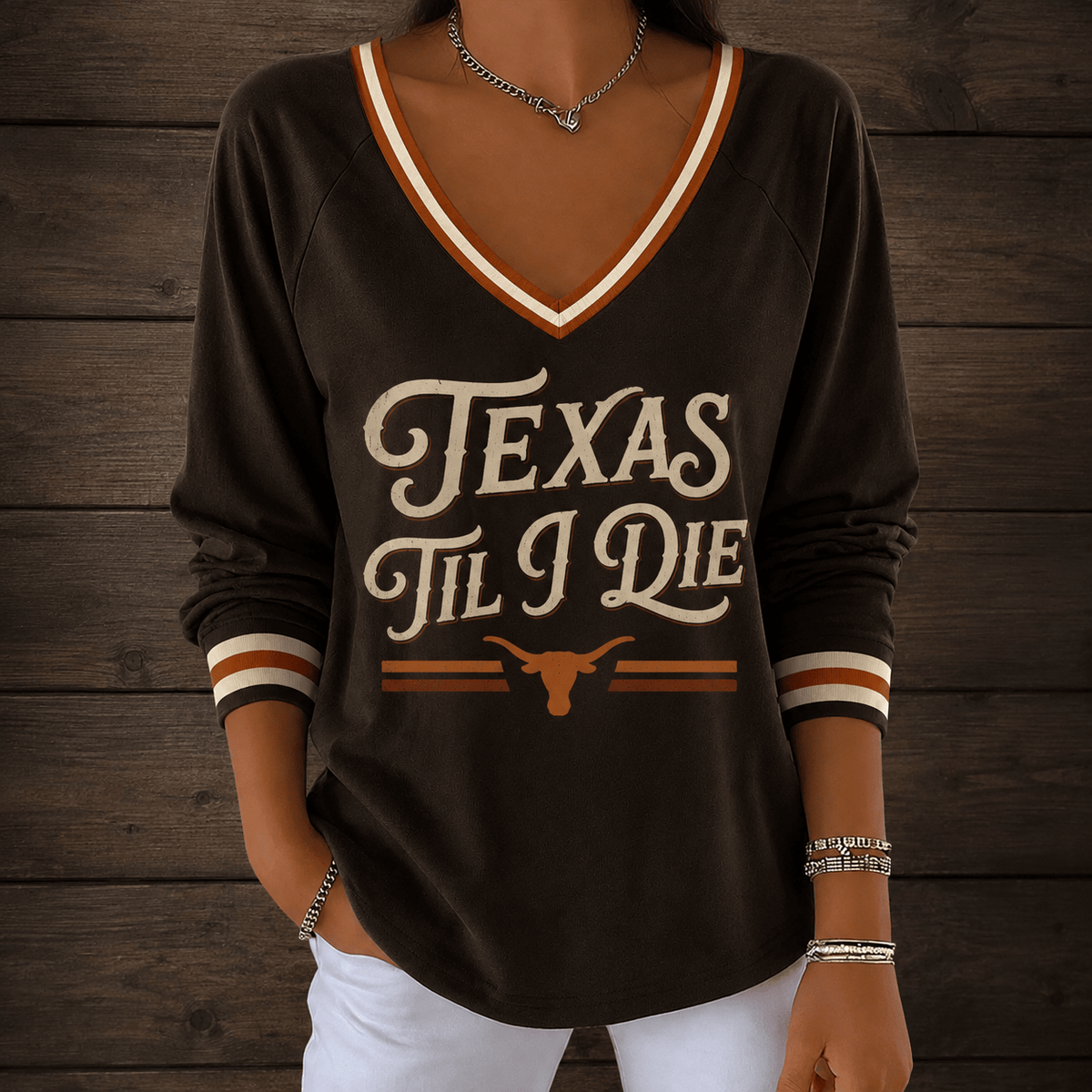 Texas Longhorns Merch 2026 NCAA Texas Til I Die V-Neck Long Sleeve Shirt Fan Gear - Foxy23shop