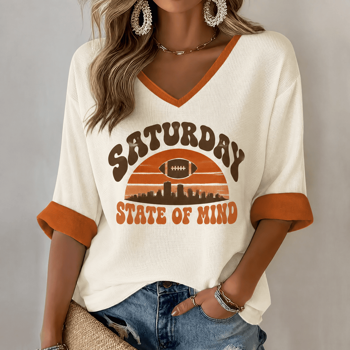 Texas Longhorns Merch 2026 NCAA Saturday State Of Mind V-Neck Long Sleeve Shirt Fan Gear - Foxy23shop