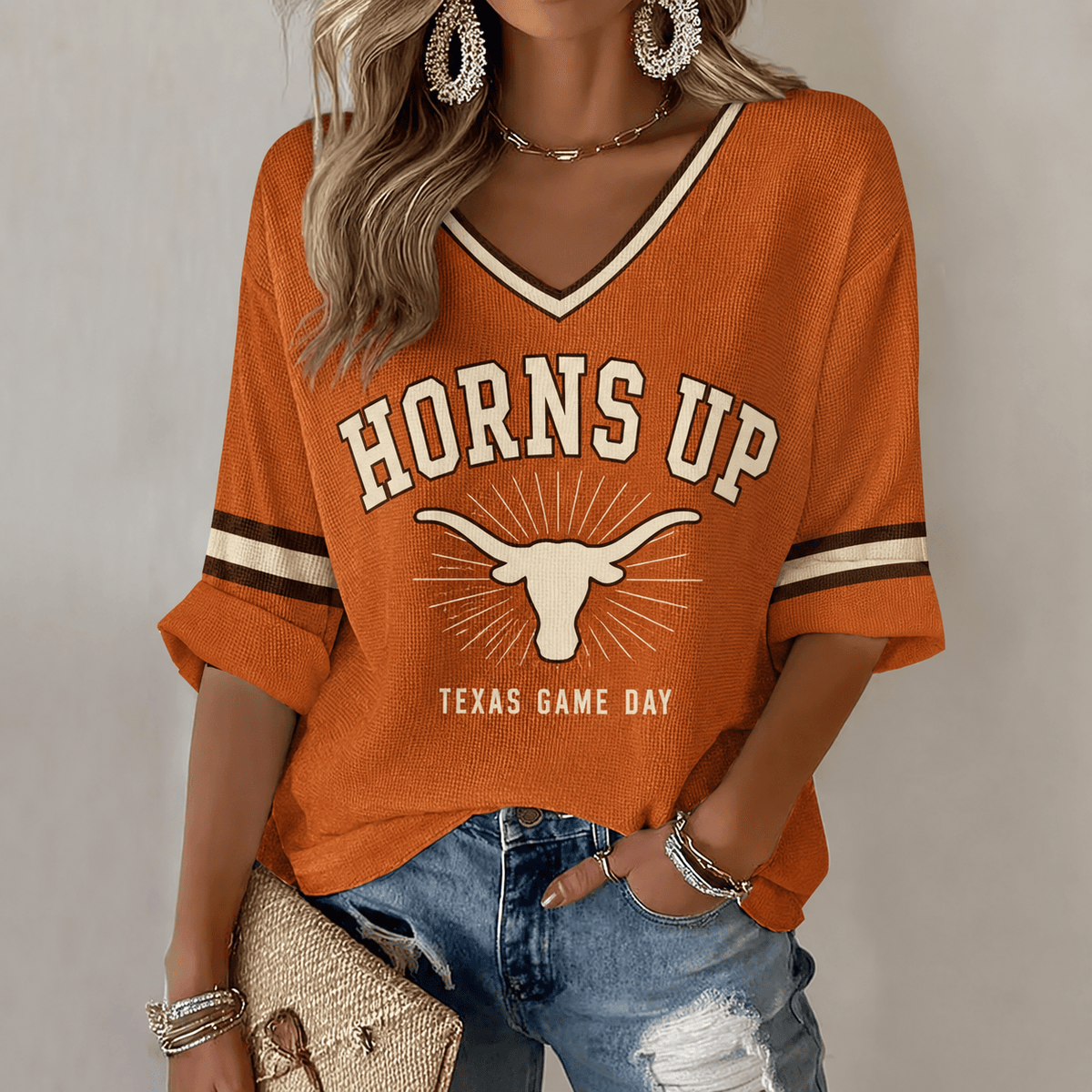 Texas Longhorns Merch 2026 NCAA Horns Up Texas Game Day V-Neck Long Sleeve Shirt Fan Gear - Foxy23shop