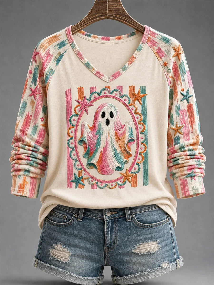 Cozy Season Bright Ghost V-Neck Long Sleeve Shirt Funny Halloween Clothing - Foxy23shop