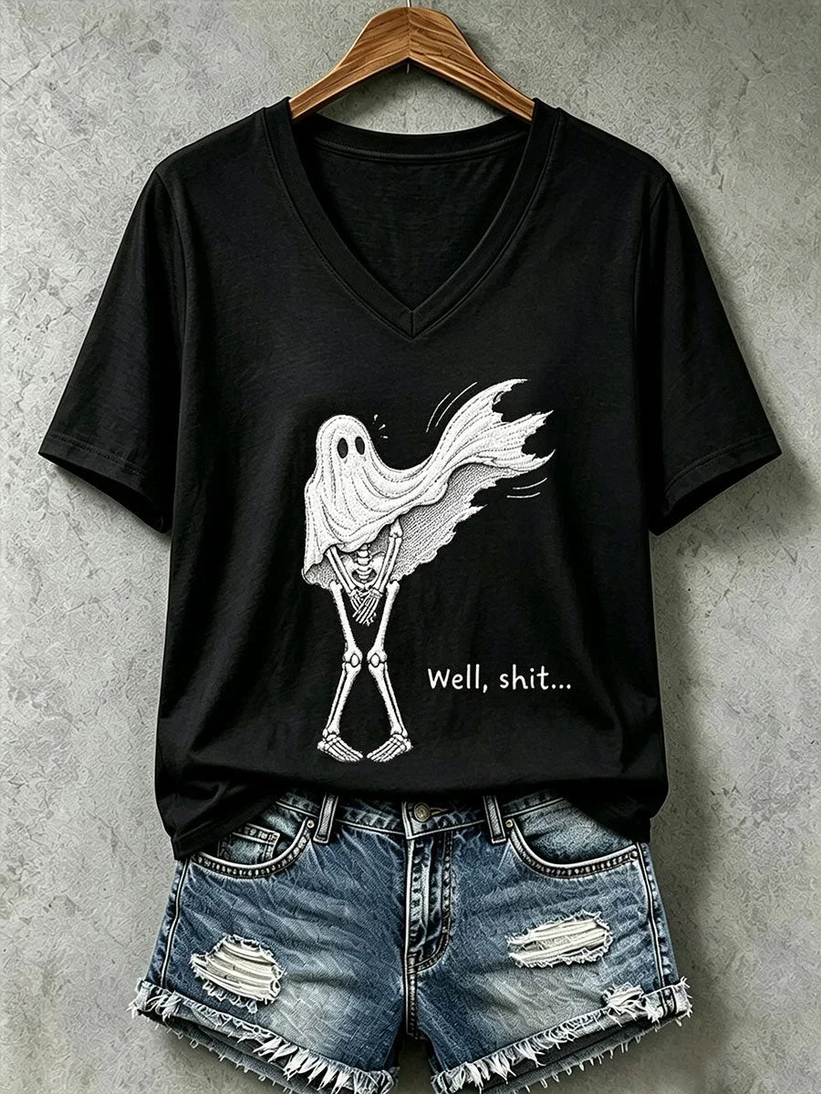 Funny Skeleton Well Shit V-Neck Shirt Halloween Clothing Presents Idea For Skull Lovers - Foxy23shop