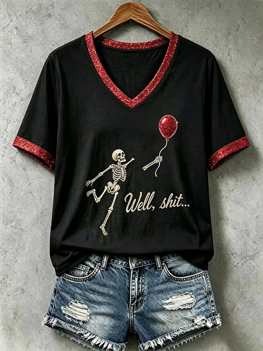Gothic Skeleton Well Shit Halloween V-Neck Shirt Halloween Merch Presents For Her - Foxy23shop
