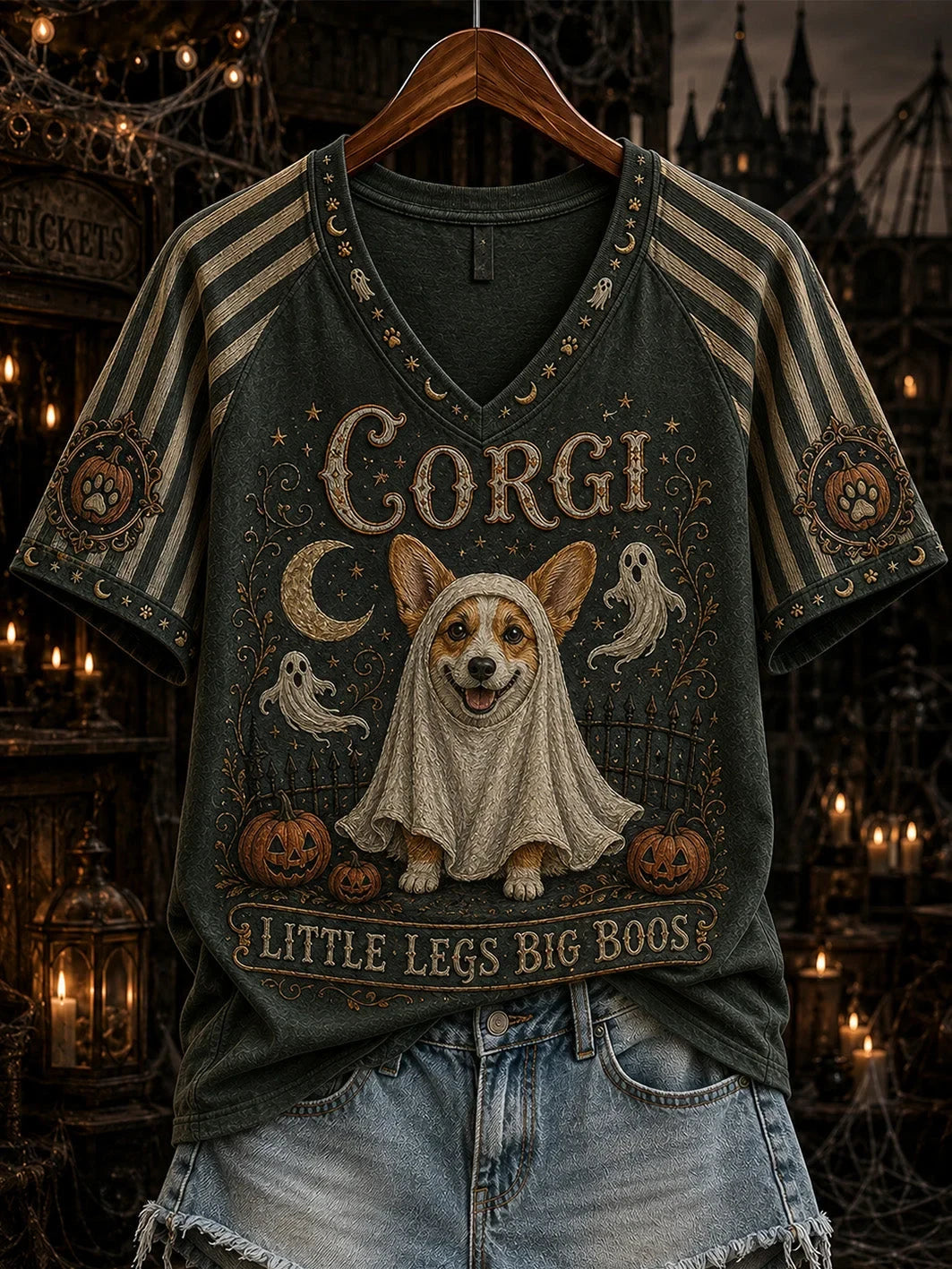 Halloween Cute Dog Pattern V-Neck Shirt Dog Halloween Costume Gift For Dog Lover - Foxy23shop