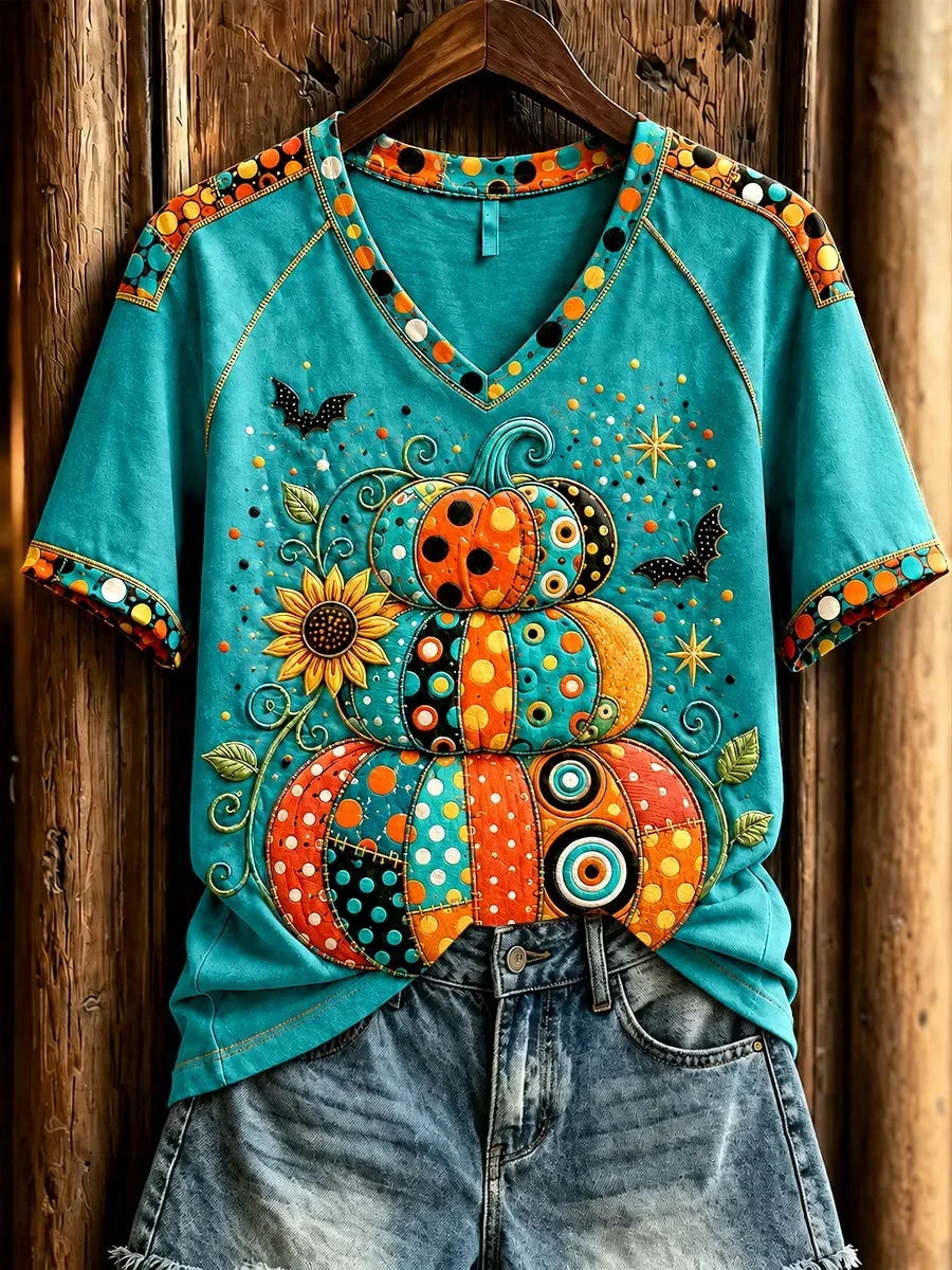 Halloween Pumpkin Design V-Neck Shirt Halloween Clothing Presents For Her - Foxy23shop