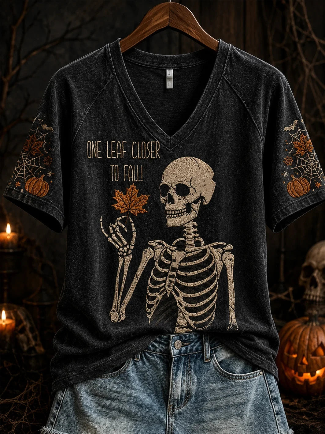 Halloween Themed Pattern Design V-Neck Shirt Spooky Season Clothing Presents Idea For Sister - Foxy23shop