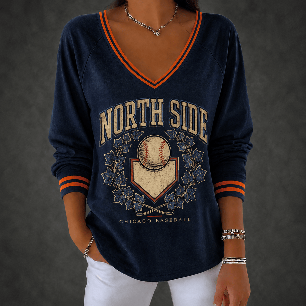 Chicago Cubs Merch 2026 MLB North Side V-Neck Long Sleeve Shirt Presents For Cubbles - Foxy23shop