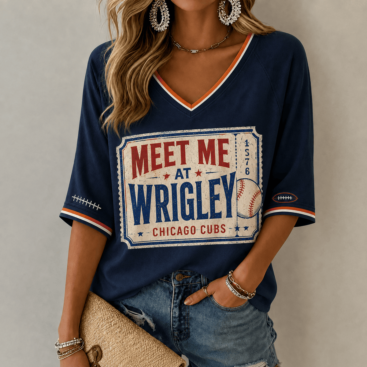 Chicago Cubs Merch 2026 MLB Meet Me At Wrigley V-Neck Long Sleeve Shirt Gifts For Sister - Foxy23shop
