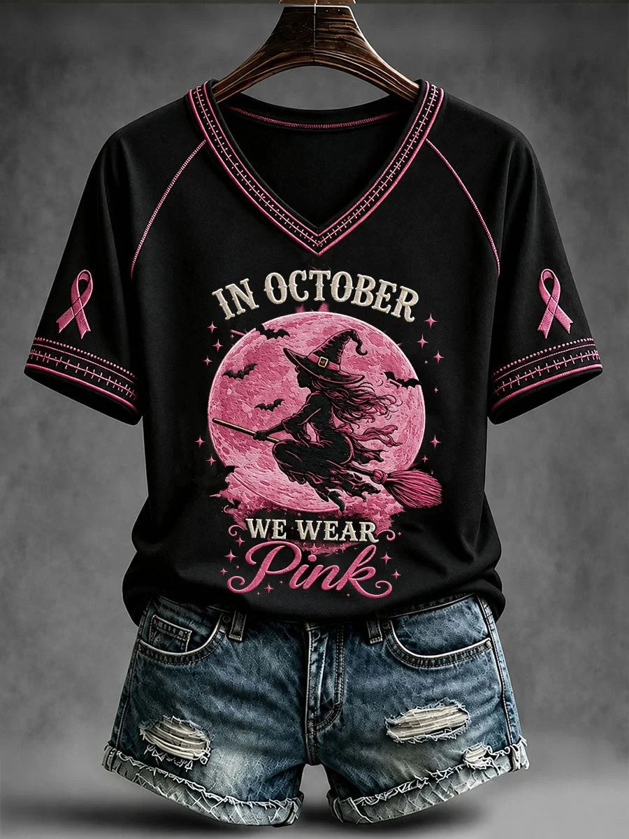 In October We Wear Pink Witch V-Neck Shirt Halloween Apparel Gifts For Girlfriend - Foxy23shop