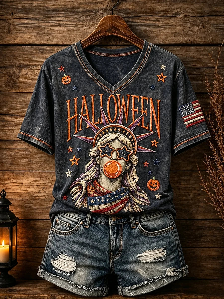 Patriotic Design Halloween Statue Of Liberty V-Neck Shirt Funny Halloween Costume Gifts For Mom - Foxy23shop