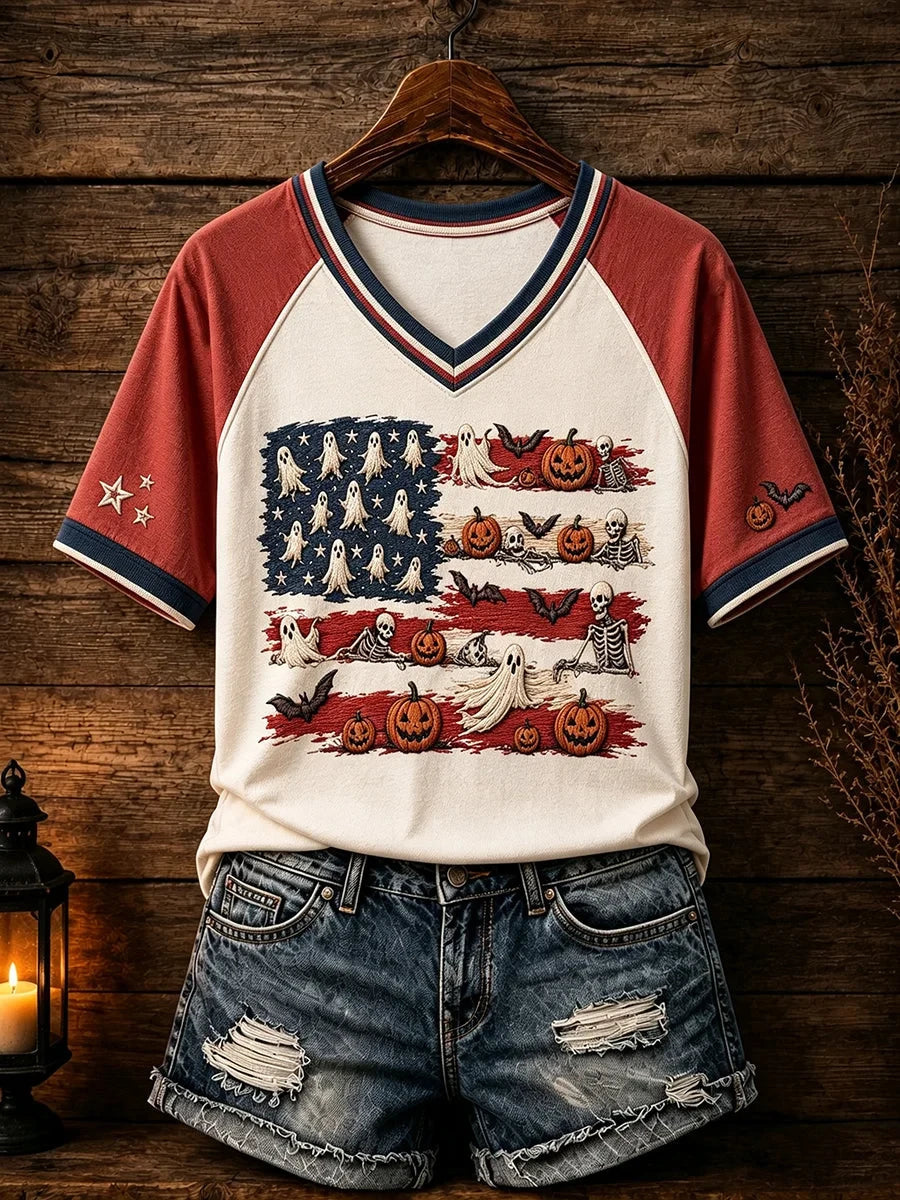 Patriotic Design Halloween V-Neck Shirt Halloween Merch Gifts For Patriots - Foxy23shop