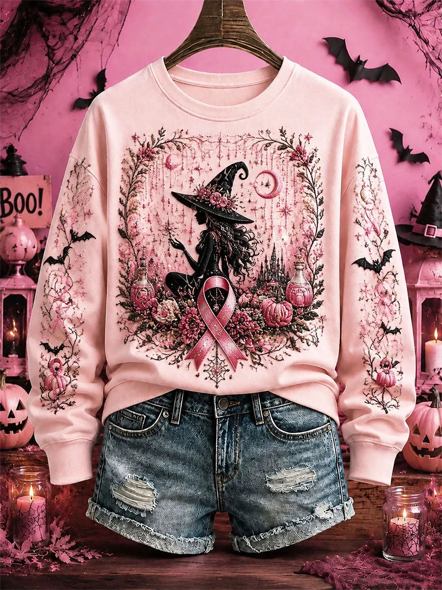 Breast Cancer Awareness Halloween Witch Themed Sweatshirt Halloween Clothing Gifts For Her - Foxy23shop