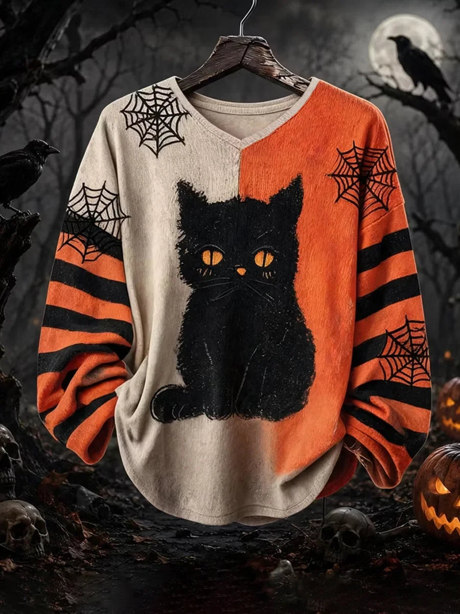 Halloween Black Cat Spider Web Sweatshirt Spooky Season Clothing Line - Foxy23shop