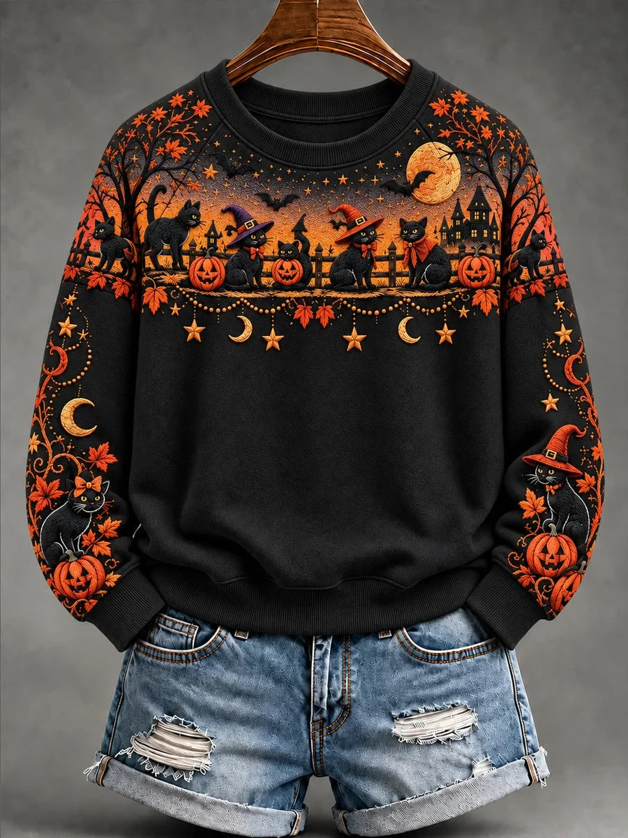 Halloween Witch Cat Moonlit Sweatshirt Cat Halloween Clothing Presents For Mom - Foxy23shop