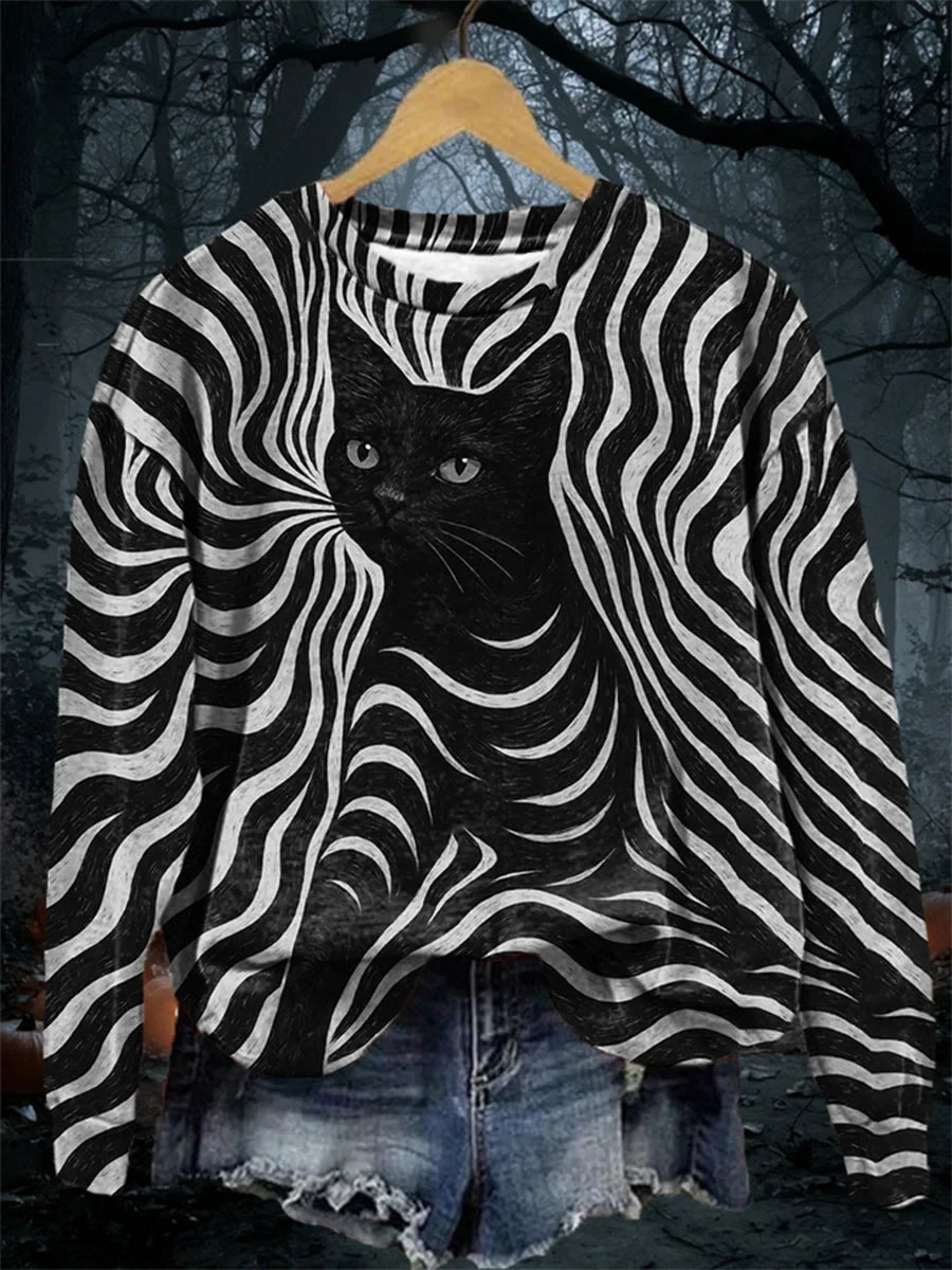 Halloween Black Cat Stripes Long Sleeve Shirt Spooky Season Clothing Gifts For Cat Owners - Foxy23shop