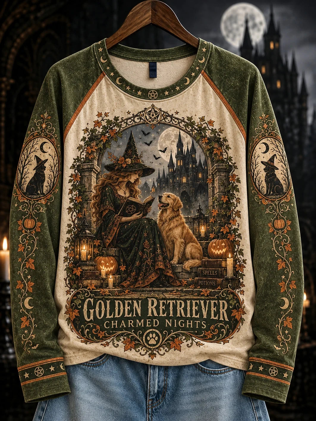 Halloween Witch And Dog Pattern Leisure Long Sleeve Shirt Halloween Apparel Gifts Idea For Wife - Foxy23shop