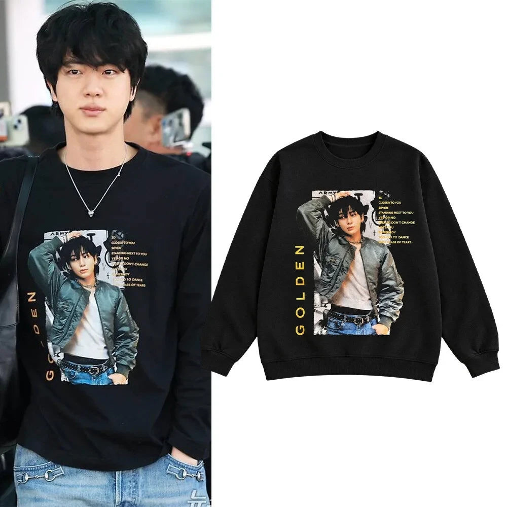 Seok Jin Wearing BTS Jungkook Golden Sweatshirt Seok Jin Streetwear Apparel Gifts For Fans - Foxy23shop