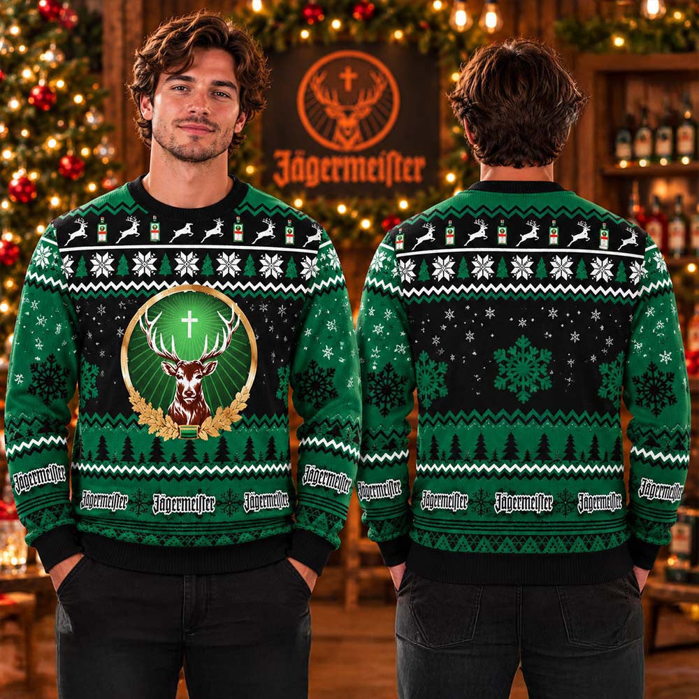 Jagermeister Big Deer Snowflakes And Pine Tree Xmas Ugly Sweater Christmas Gifts For Husband - Foxy23shop