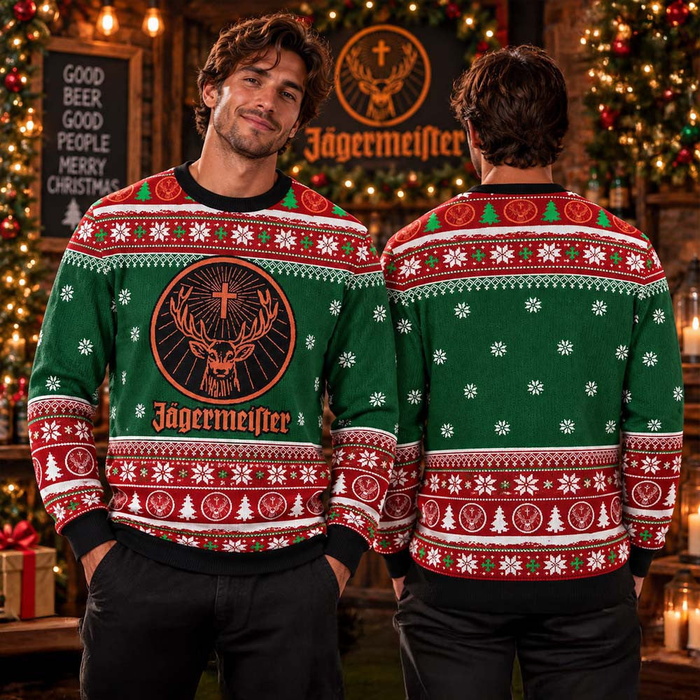 Jagermeister Deer Big Logo Snowflakes And Pine Tree Ugly Chirstmas Sweater Xmas Gifts For Husband - Foxy23shop
