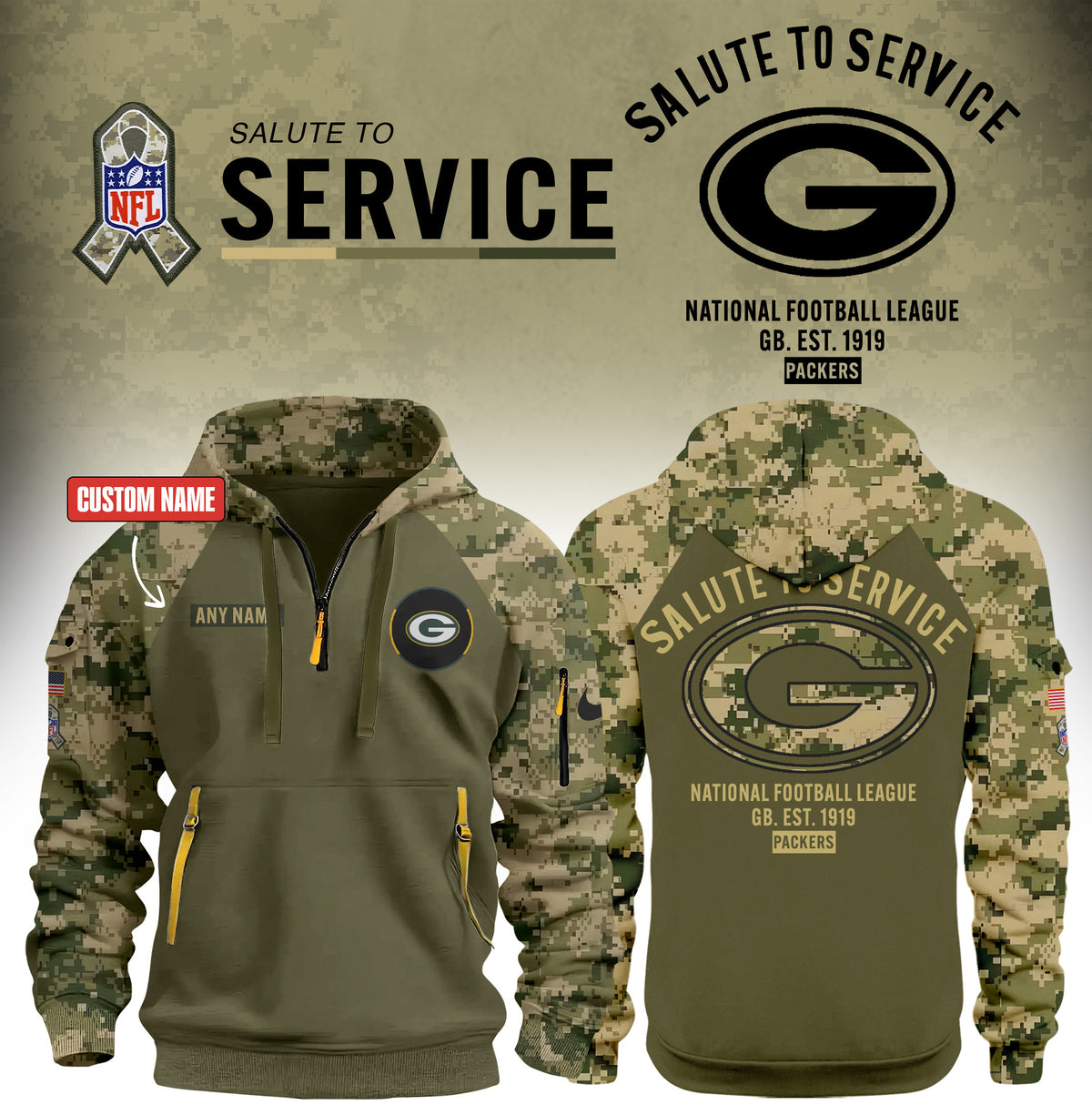Personalized Green Bay Packers x Salute To Service Veteran Half Zip Hoodie Green Bay Packers Apparel - Foxy23shop