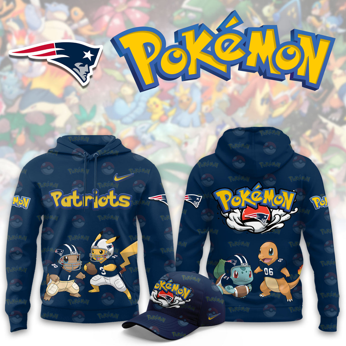 New England Patriots x Pokemon Merch 2026 NFL Hoodie New England Patriots Apparel - Foxy23shop