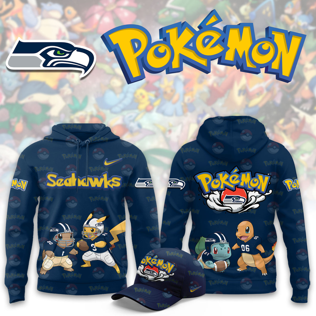 Seattle Seahawks x Pokemon Merch 2026 NFL Hoodie Gift Ideas For Fans - Foxy23shop