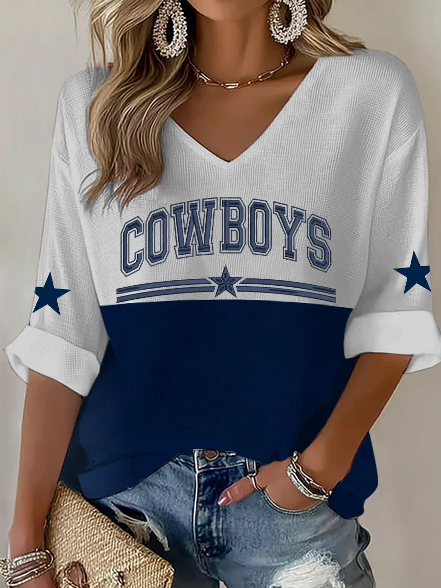 Dallas Cowboys Football Art V-Neck Long Sleeve Shirt 2026 Cowboys Apparel - Foxy23shop