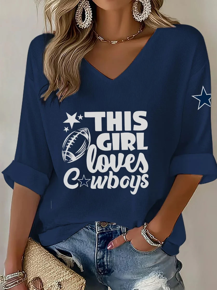 Dallas Cowboys Merch This Girl Loves Cowboys V-Neck Long Sleeve Shirt Fan Gear - Foxy23shop
