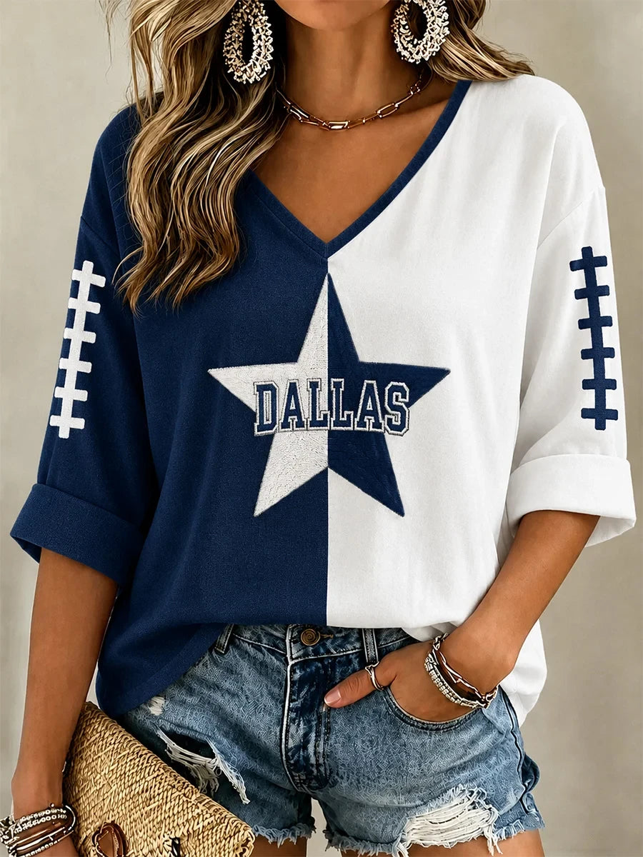 Dallas Cowboys Football Graphic V-Neck Long Sleeve Shirt Dallas Cowboys Apparel - Foxy23shop