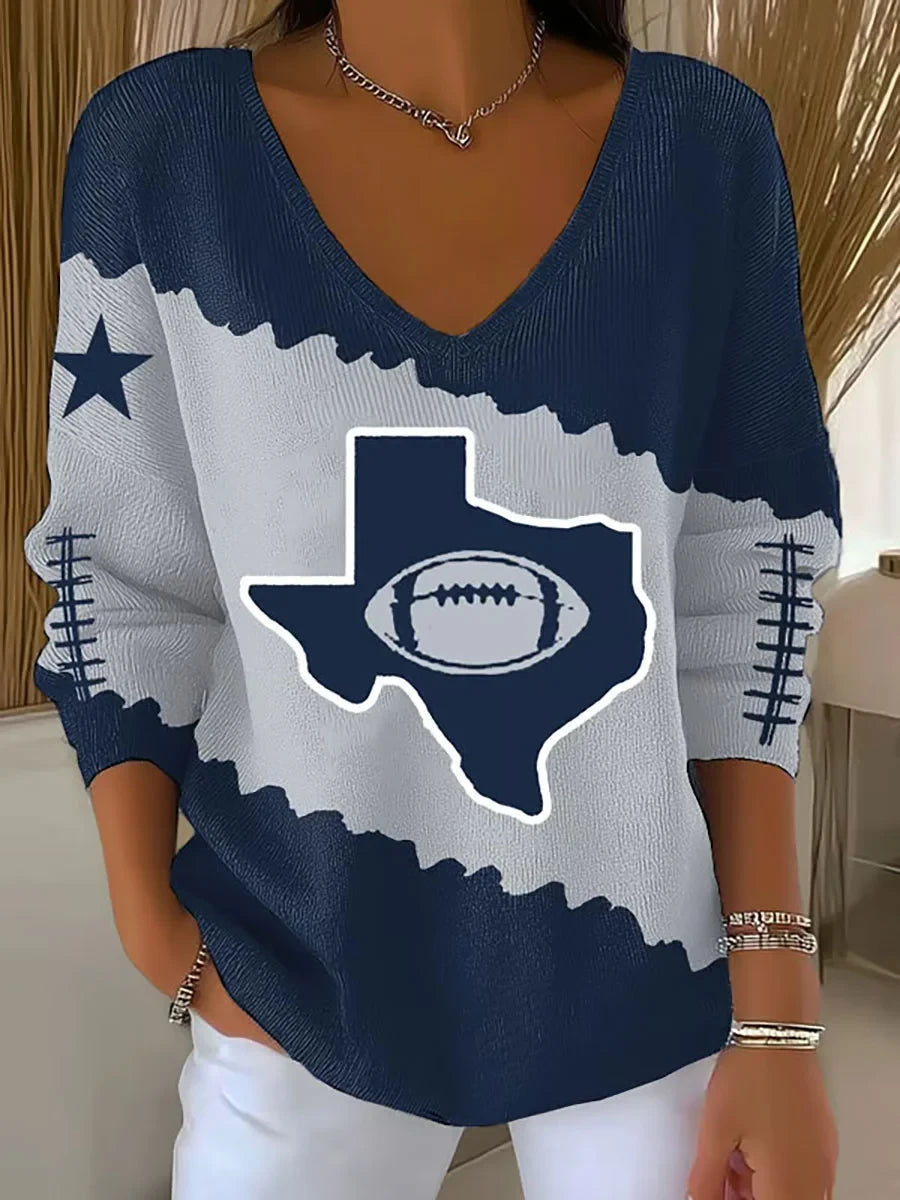 Dallas Cowboys Texas Map V-Neck Long Sleeve Shirt Dallas Cowboys Merch Presents For Mom - Foxy23shop