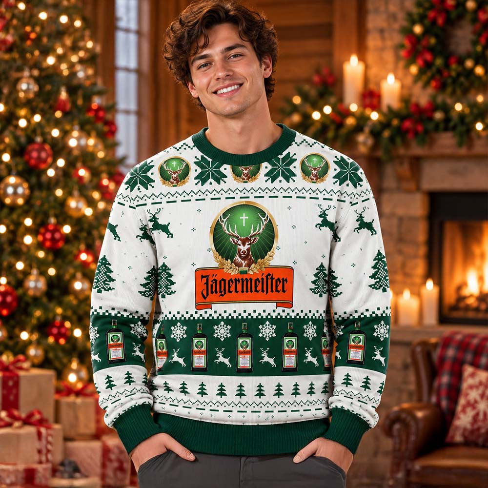 Jagermeister Signature Big Logo Snowflakes And Pine Tree Christmas Ugly Sweater Gifts For Husband - Foxy23shop