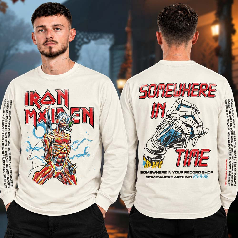 Iron Maiden Merch Somewhere In Time 40th Anniversary Collection Long Sleeve Shirt Rock Fan Gifts - Foxy23shop