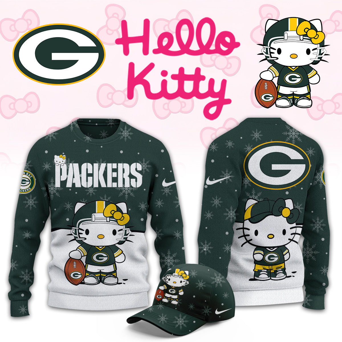 Green Bay Packers x Hello Kitty Sweatshirt Green Bay Packers Apparel Gifts For Fans - Foxy23shop