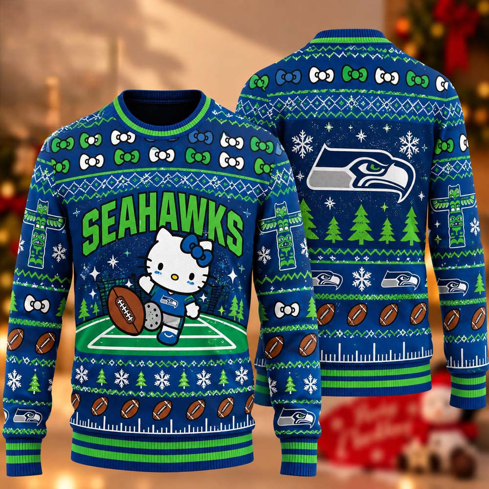 Seattle Seahawks Hello Kitty 2026 Ugly Christmas Sweater Xmas Presents For The 12s - Foxy23shop