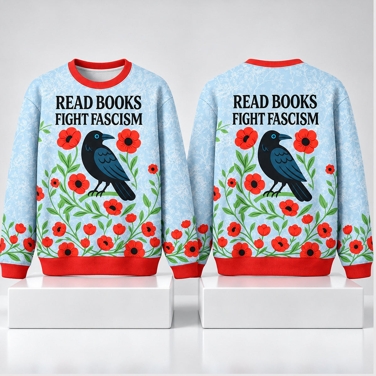 Read Books Fight Fascism Flower 2026 Ugly Christmas Sweater Xmas Gifts For Bookish - Foxy23shop