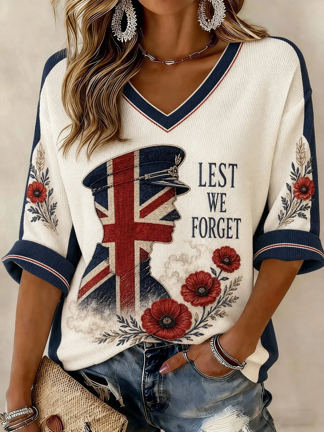 Lest We Forget V-Neck Long Sleeve Shirt Lest We Forget Military Shirt Gift For Women - Foxy23shop