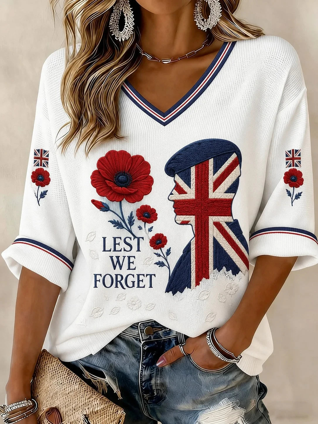 Lest We Forget V-Neck Long Sleeve Shirt Veteran Memorial Poppy Shirt Gift For Women - Foxy23shop