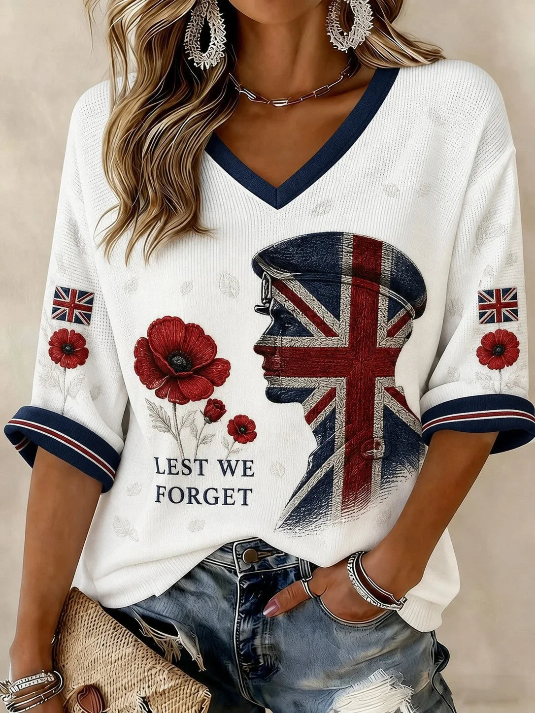Lest We Forget V-Neck Long Sleeve Shirt Poppy Field Memorial Shirt Gift For Mothers - Foxy23shop