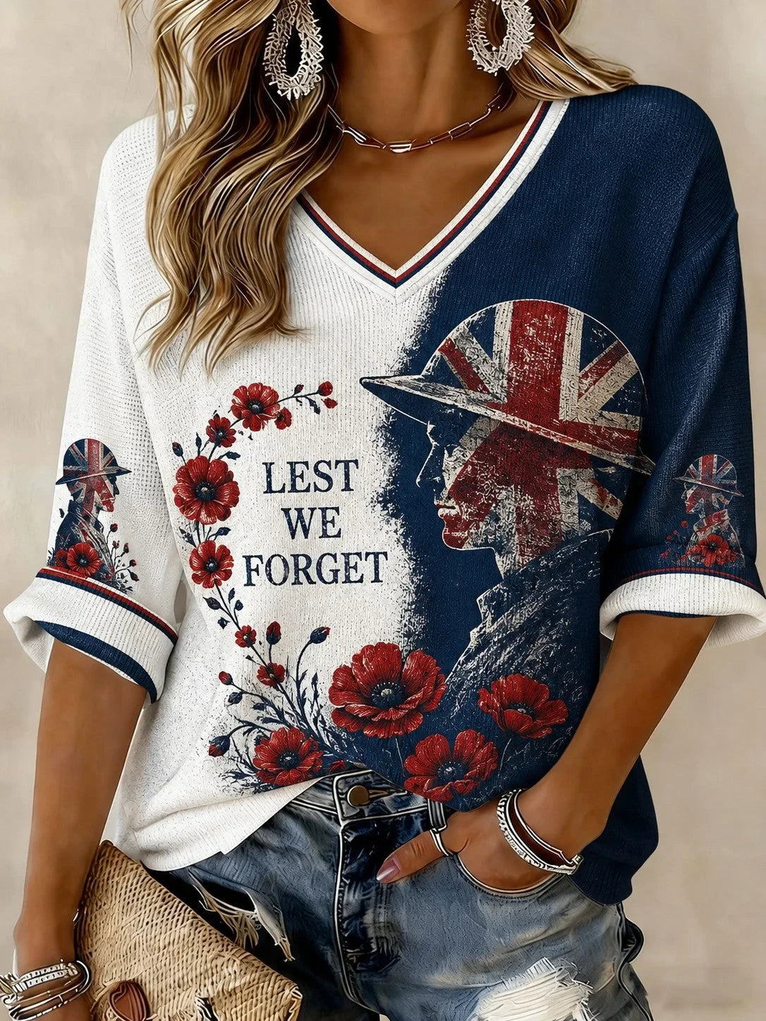 Lest We Forget V-Neck Long Sleeve Shirt Lest We Forget Tribute Apparel Gift For Women - Foxy23shop