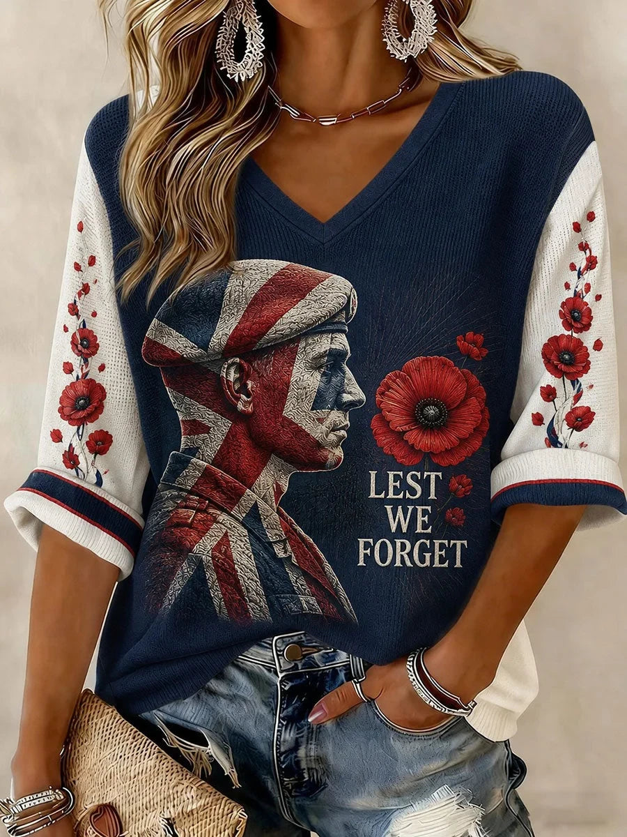 Lest We Forget V-Neck Long Sleeve Shirt Military Service Tribute Clothing Gift For Women - Foxy23shop