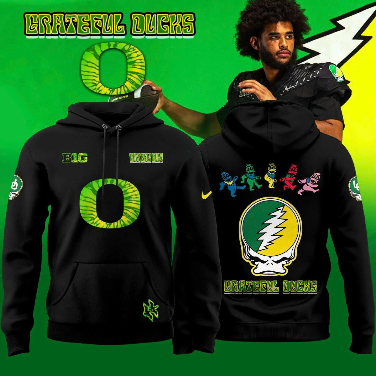 Oregon Ducks x Grateful Dead Merch Grateful Ducks Black Hoodie Football Fan Gear - Foxy23shop