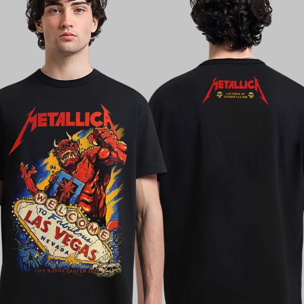 Metallica Life Burns Faster 2026 Las Vegas Black T-Shirt Metallica Clothes Gifts For Fans - Foxy23shop