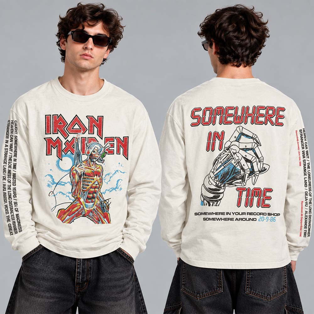 Iron Maiden Merch Somewhere In Time 40th Anniversary Long Sleeve Shirt Iron Maiden Clothing - Foxy23shop