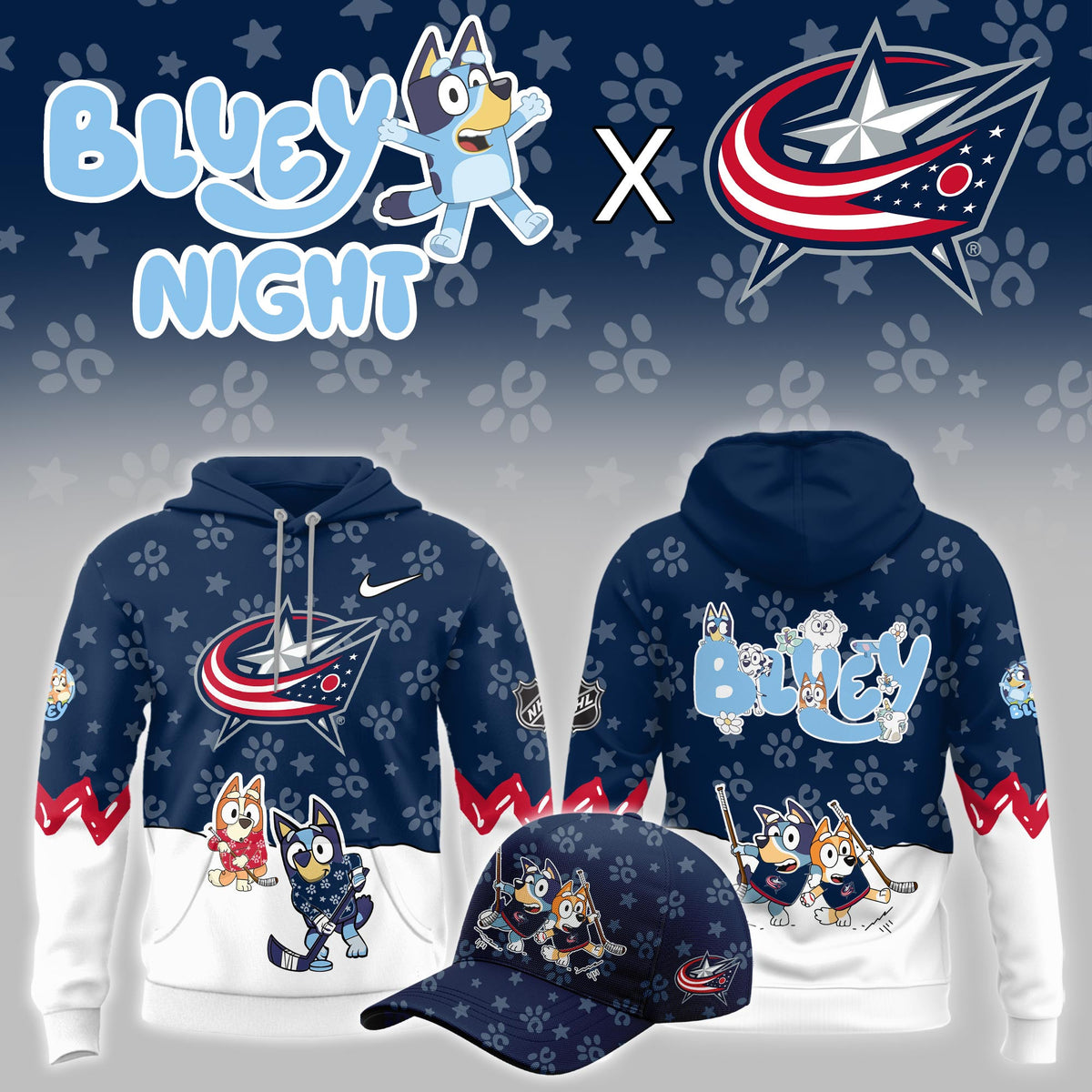 Columbus Blue Merch 2026 NHL Bluey Night Hoodie Presents For Blue Jackets Lovers - Foxy23shop