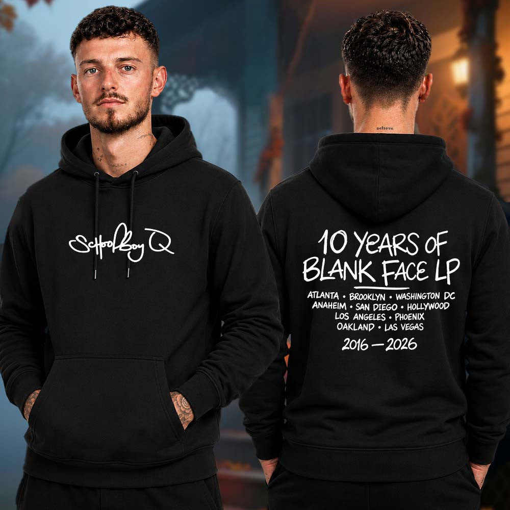 ScHoolboy Q 10 Years Of Blank Face LP Tour 2026 Logo Dateback Hoodie ScHoolboy Q Hooded Sweatshirt - Foxy23shop