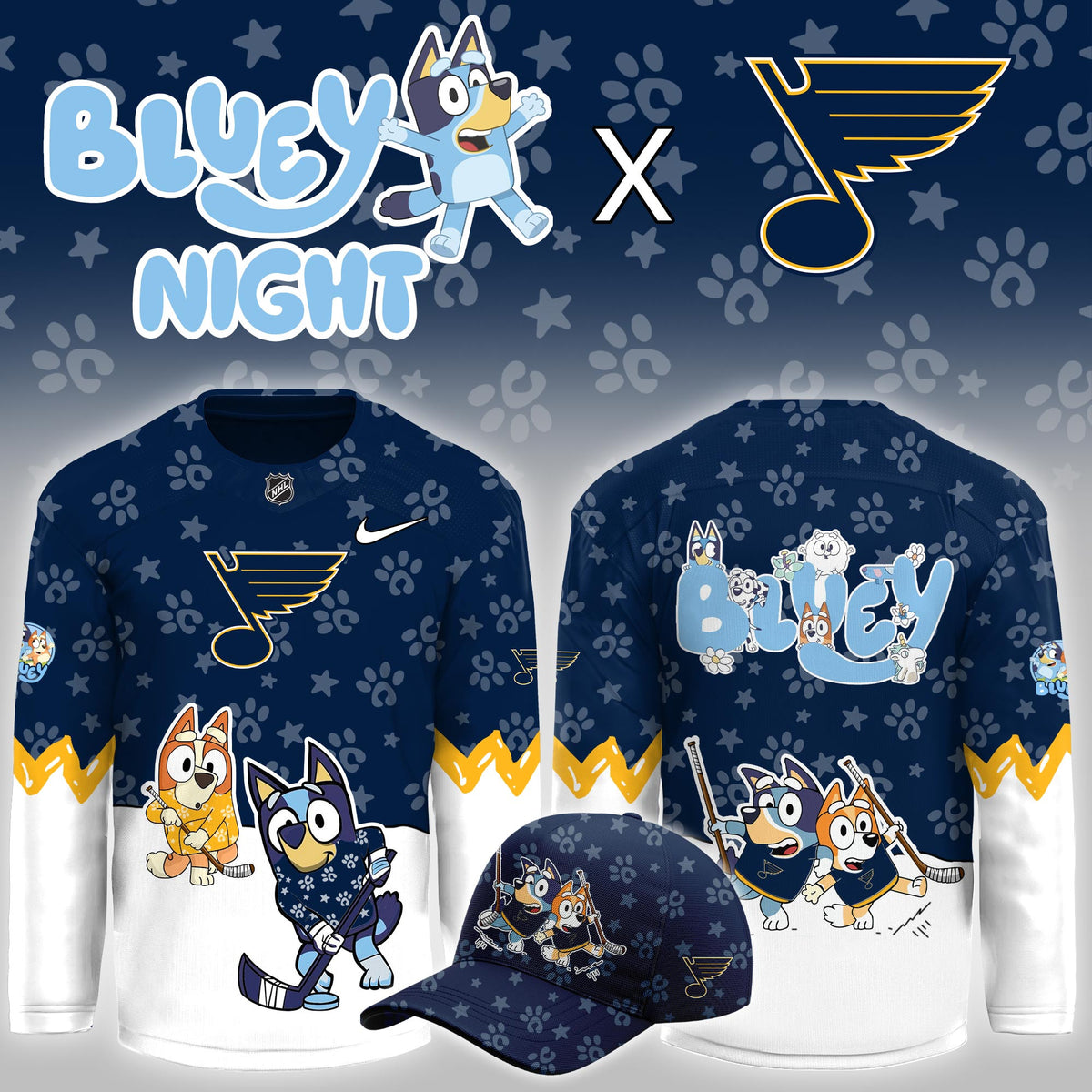 St Louis Blues x Bluey Night Hockey Jersey St Louis Blues Clothing Best Fan Gear - Foxy23shop