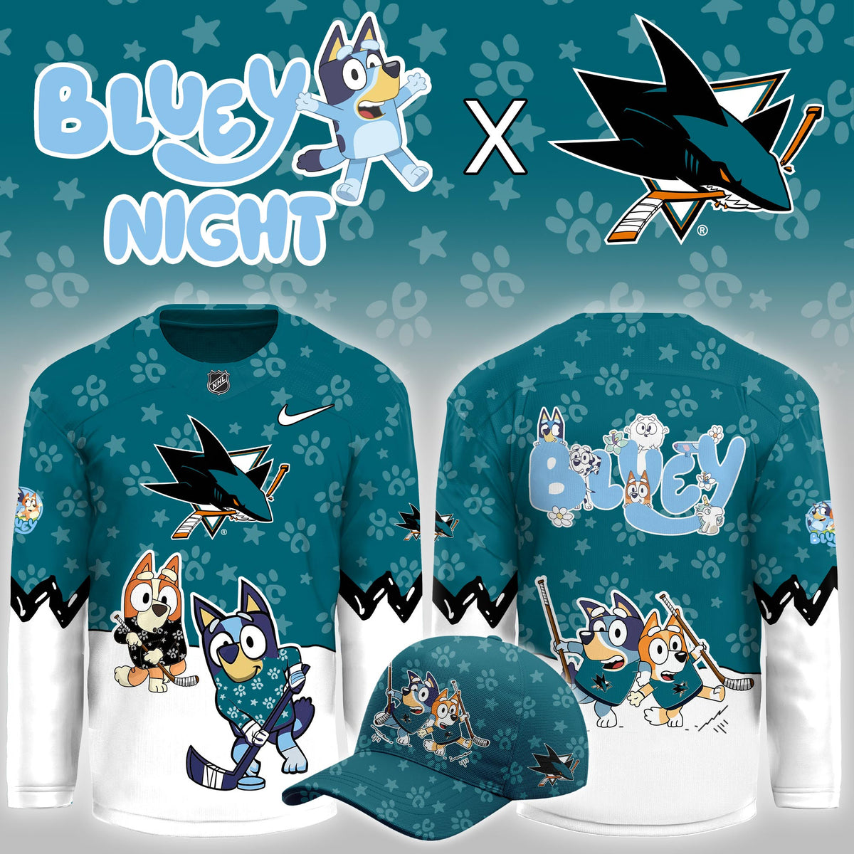 San Jose Sharks Merch 2026 NHL Bluey Night Game Hockey Jersey Best Gifts For Sharks Fan - Foxy23shop