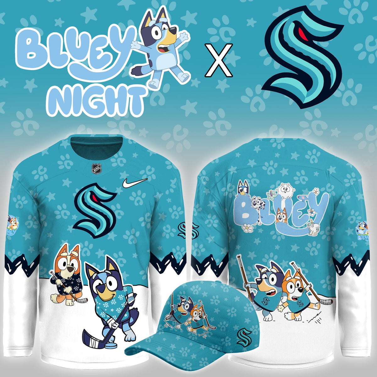 Seattle Kraken Merch 2026 NHL Bluey Night Jersey Presents For Kraken Fans - Foxy23shop
